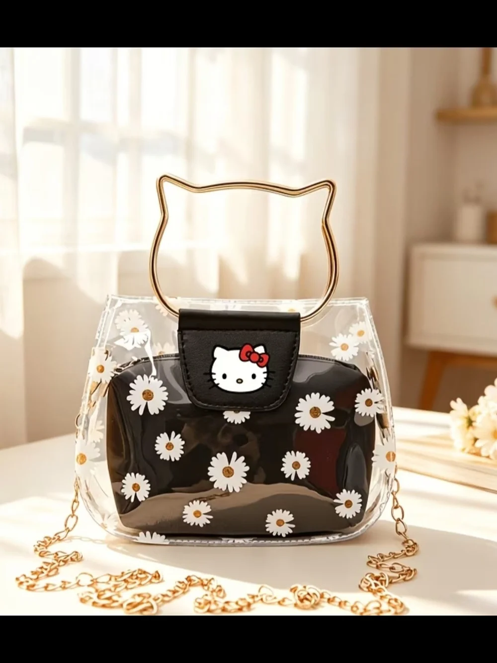 Hello Kitty Clear Daisy Mini Bag with Black Pouch and Gold Handle
